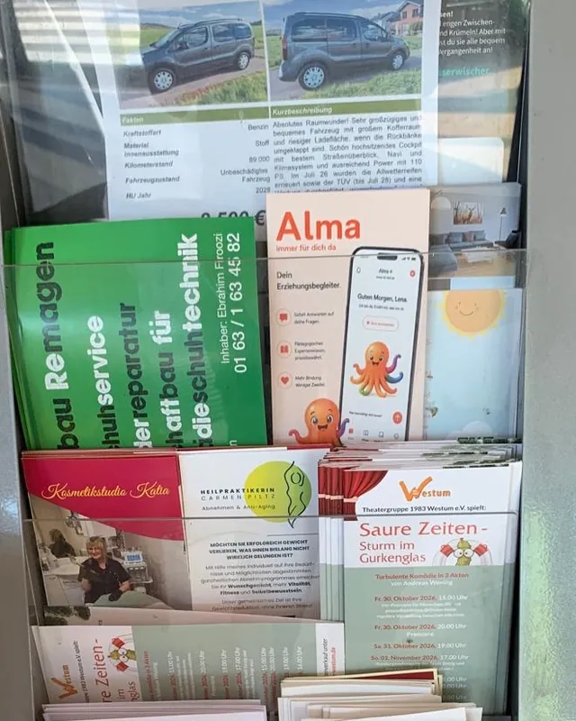 Alma-Flyer im Prospektständer einer Bäckerei